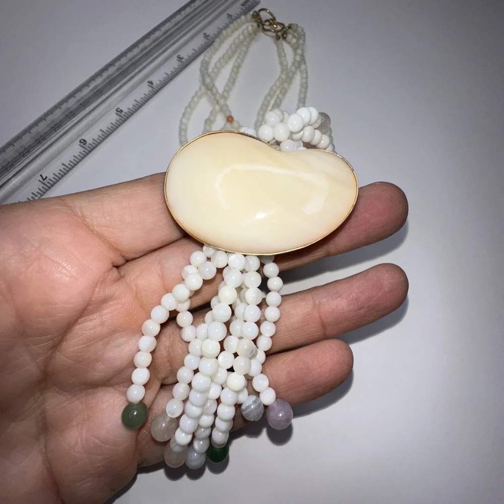 Quartz‎ Jade Shell Necklace Purple Green Beaded Multi strand Pendant Tassel